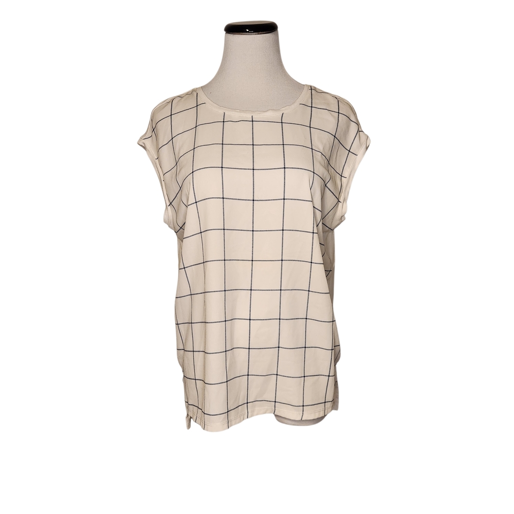 LOFT White and Navy Checkered Blouse